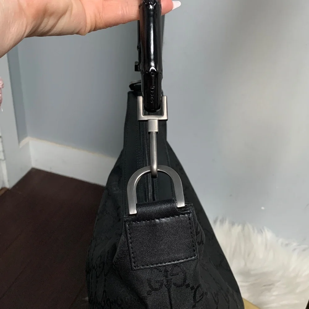 Authentic Gucci black leather and nylon jumbo GG hobo bag w bamboo handle